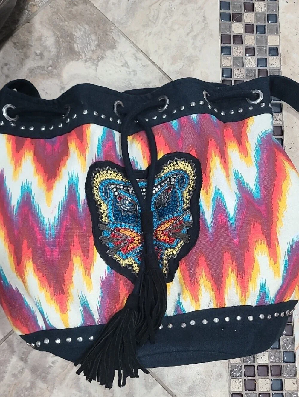 Zara Multicolor Zigzag Hobo Shoulder Bag with Black Trim